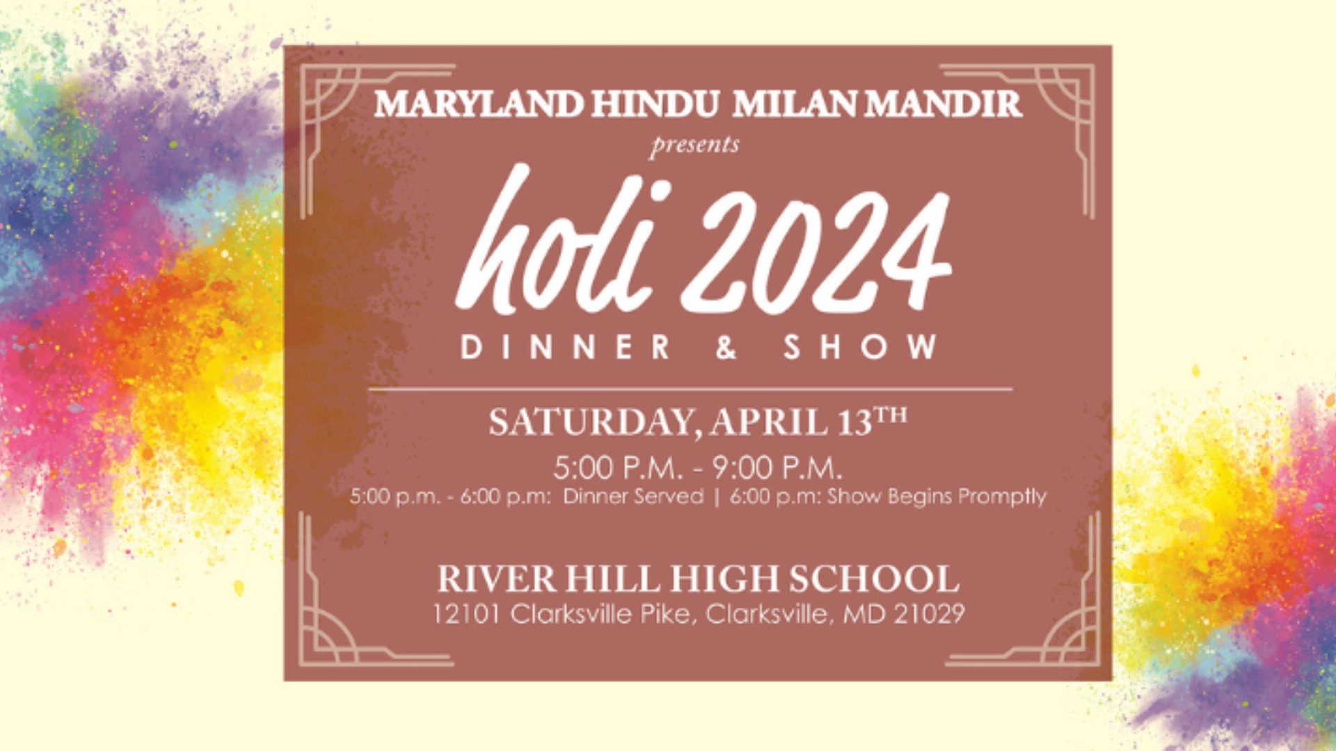 Maryland’s Premier Holi Celebration: Music, Dance, and Dinner Extravaganza